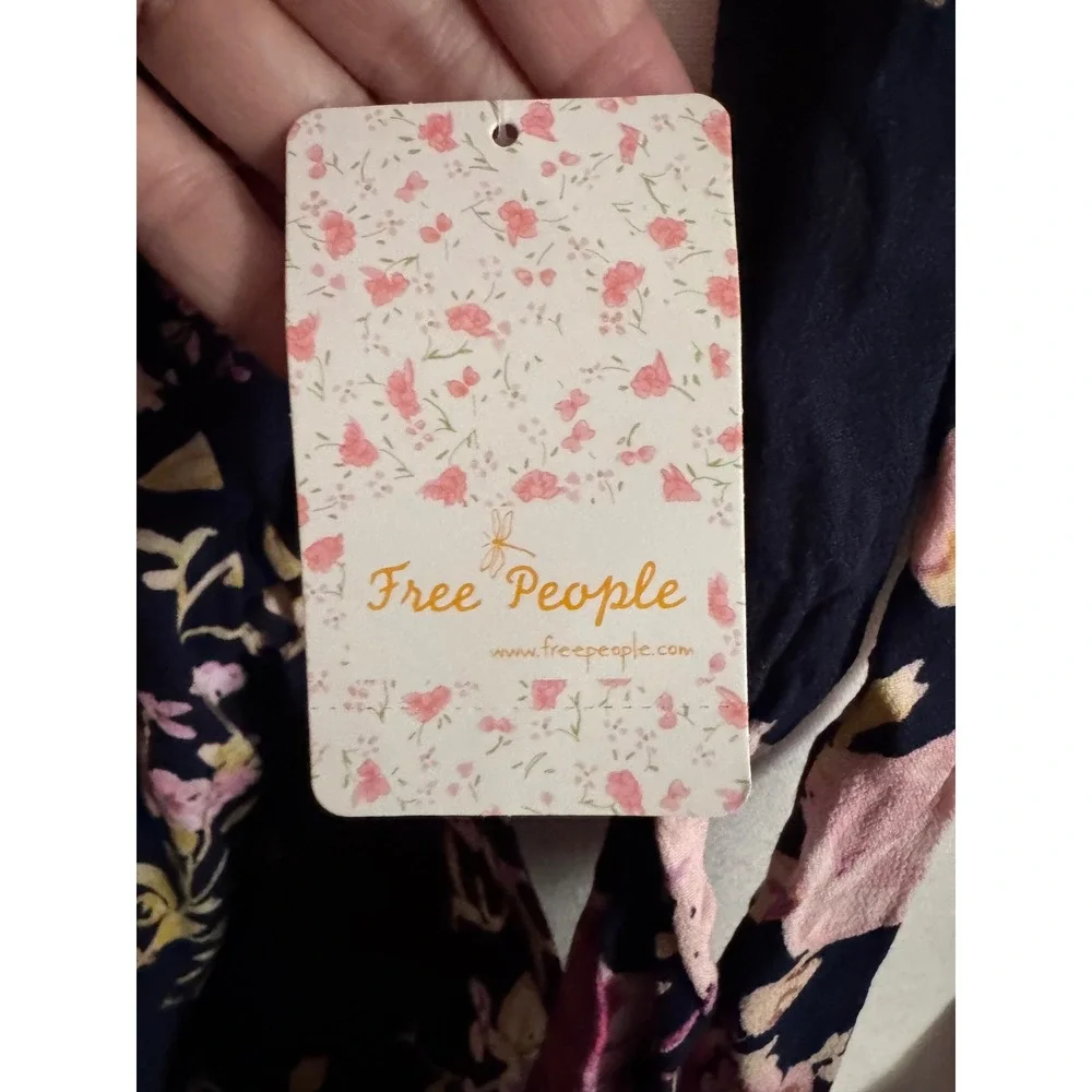 Free People Floral Open Back Mini Dress Navy Blue Bell Sleeve Mock Neck Small